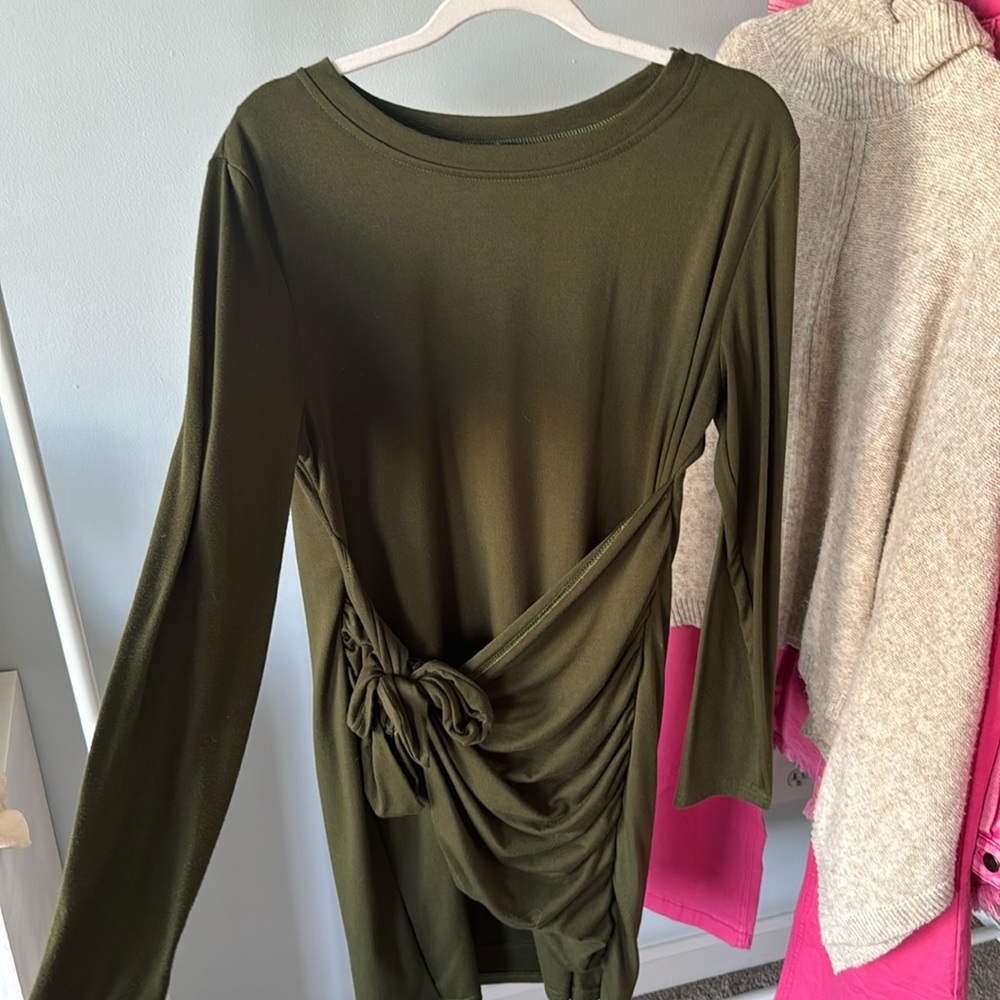 Olive Green Cotton Wrap Long Sleeve Dress